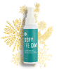 Image display of the Defy the Day Leave-in Conditioner Spray on a yellow holiday snowflake background.