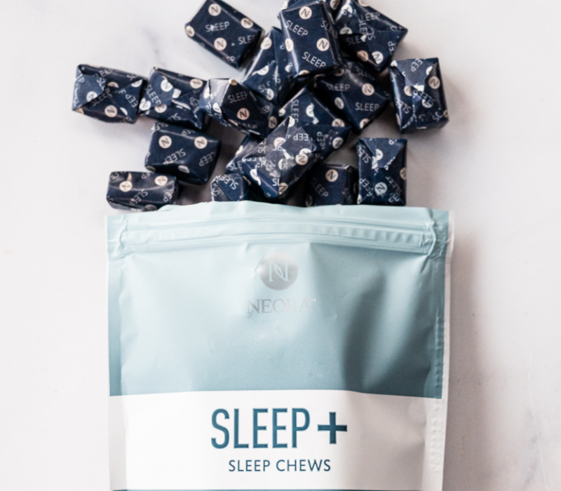 Neora Sleep+ Wellness Chews bag and individually wrapped chews